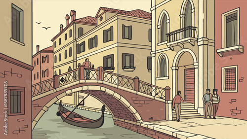 Venice italy canal gondola bridge architecture travel destination drawing illustration artwork scene art design