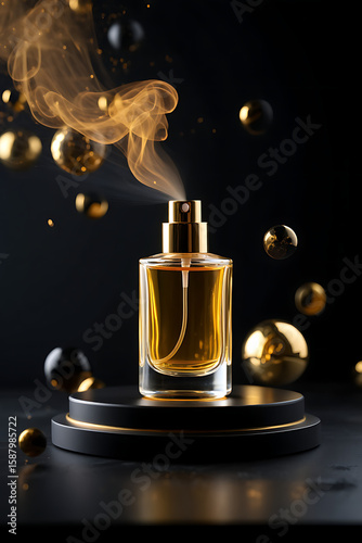 Elegant Perfume Bottle Amidst Golden Orbs in a Dark Ambiance Creating a Luxurious Product Presentation Display