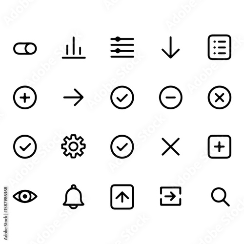 Minimalist Black UI Icons:  Arrows, Checkmarks, Settings, Plus & Minus Symbols,  Download & Upload,  Notification Bell, Search Magnifier.