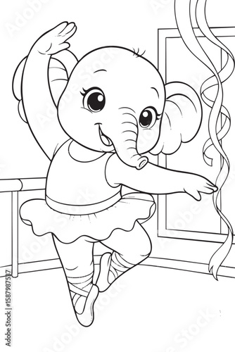 Charming elephant in a tutu performing ballet with a ribbon in a dance studio. A delightful and fun coloring page for kids. 