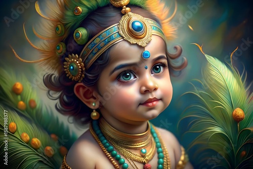 Adorable baby adorned with traditional indian jewelry and peacock feathers