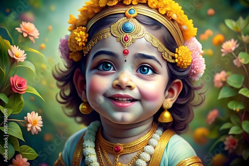 Adorable baby krishna adorned with gold jewelry and flowers in a garden