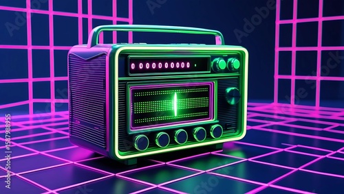 Retro-style radio with glowing neon accents set against a grid background, showcasing its design.
