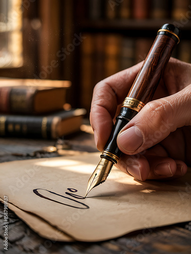 Close up of a person s hand holding a luxurious wooden fountain pen writing on aged paper