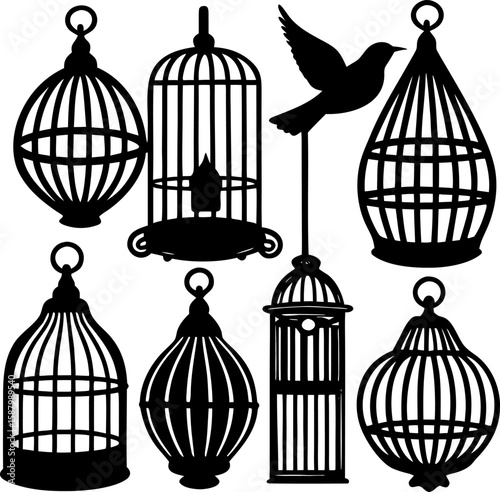  Vintage Bird Cage Lino Cut Vector
