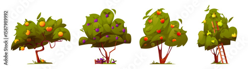 Cartoon orchard fruit trees set for farm game - green leafy crowns with apples, pears, peaches and plums, harvest ladder and wooden crate beneath branches for agricultural gardening or countryside.