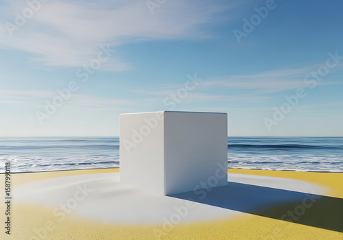 Minimalist Beach Scene Featuring a White Cube Standing on a Sandy Shoreline Under a Bright Blue Sky with Gentle Waves