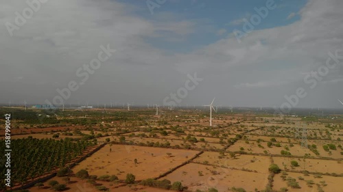Wind turbines spread across dry landscape in clear sky