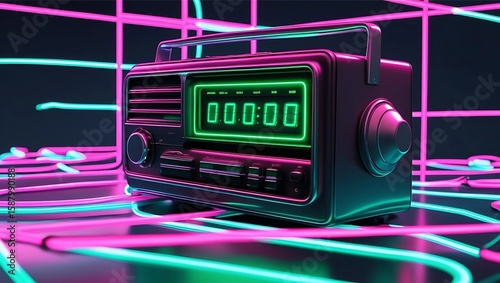 Retro radio with glowing neon lines in a futuristic setting.