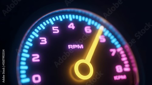 A tachometer with a yellow needle pointing to 6 and neon numbers and markers on a dark background