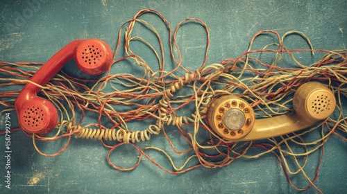 Two vintage telephones entangled in tangled wires on a textured surface