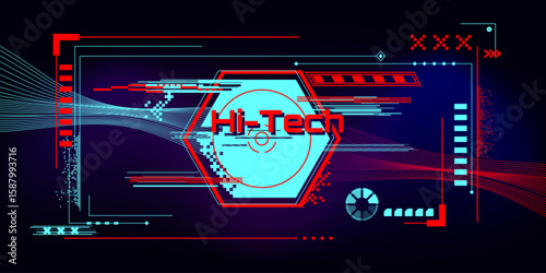 Futuristic cyberpunk frame with glitch effects - neon red and blue digital interface with corrupted data streams, geometric elements. Retro futuristic design for gaming overlays and tech presentation