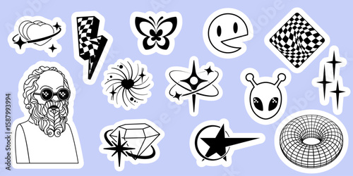 Y2k future stickers set - retro futuristic symbols of butterfly and smiling face, lightning bolt and alien head, diamond and star shapes. Black and white aesthetic patches with checkerboard pattern