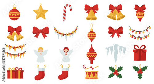 Set of 15 Flat Christmas Tree Decoration Icons on White Background