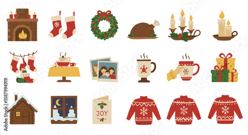 Set of 15 Cozy Christmas and Winter Tradition Icons Flat Style