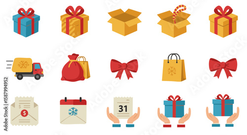 Set of 15 Flat Gift and Holiday Packaging Icons Isolated on White