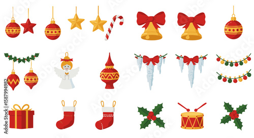 Set of 15 Flat Christmas Tree Decoration Icons on White Background