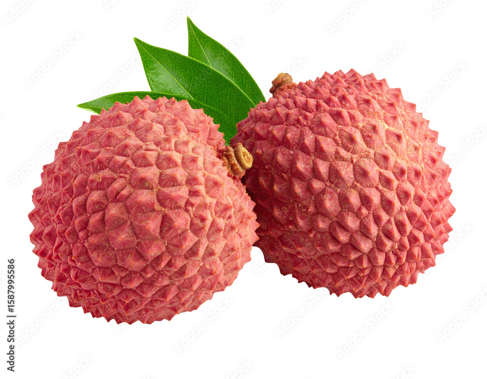 Two ripe lychee fruits with green leaves isolated on transparent background Two ripe lychee fruits with green leaves isolated on transparent background