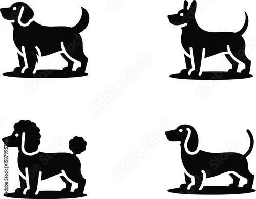 Dog Breeds Silhouette Icon set – Black Pet Animal Graphics Featuring Poodle, Dachshund, Retriever, and Terrier