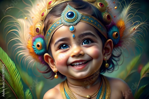 Joyful baby dressed as krishna with peacock feather headdress and gold jewelry