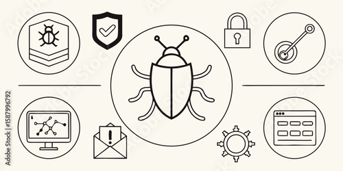Cybersecurity icons bug shield lock computer network alert envelope gear vector