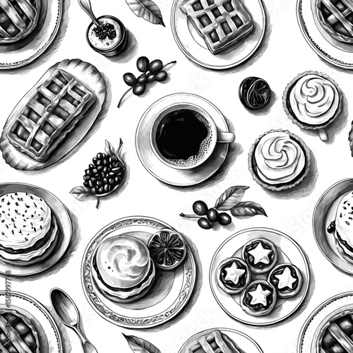 Black and White Coffee and Pastry Pattern with Cups, Waffles, and Desserts on White Background