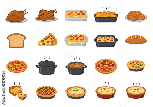 A collection of cartoon food images including roasts pizza pies soups bread and casseroles