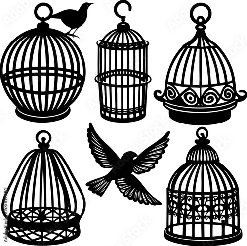  Vintage Bird Cage Lino Cut Vector