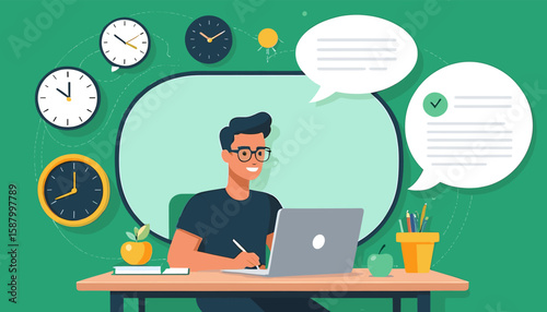 Young Professional Working Remotely on Laptop in Modern Office with Clocks and Speech Bubbles in Background