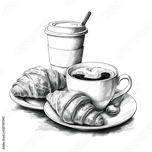 Elegant Black and White Illustration of Coffee and Croissants for a Classic Breakfast Setting