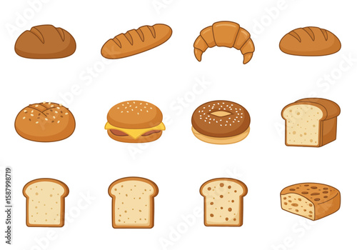 A grid with twelve cartoonstyle baked goods including bread bagels and a croissant