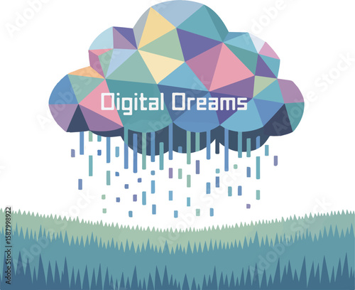 Geometric cloud raining colorful shapes abstract blue