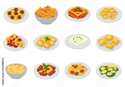 An arrangement of various pasta dishes are presented on individual plates or in bowls on a white background