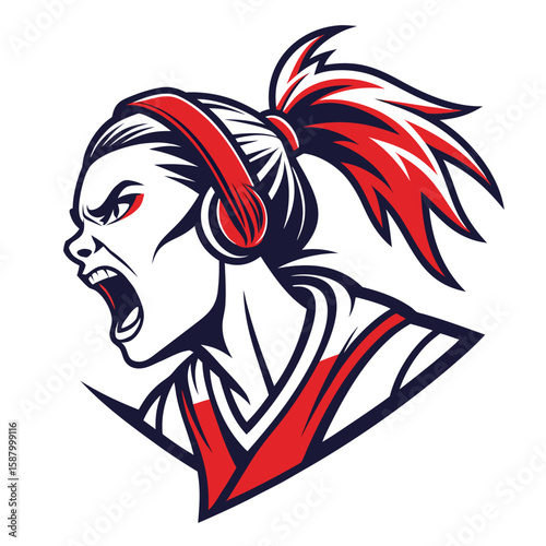 Powerful Woman Gamer: Vector Illustration of a Female Athlete with Headphones