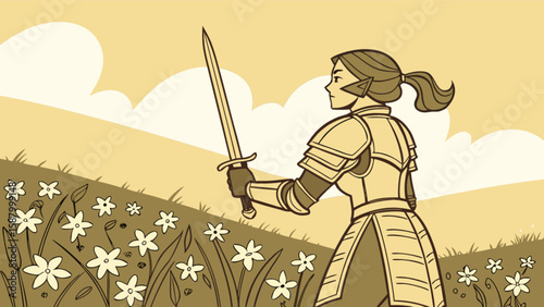 Illustration of a female knight in armor holding sword standing in flower field vector artwork design