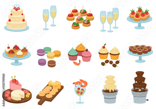 An array of colorful dessert and appetizer illustrations is set against a white backdrop