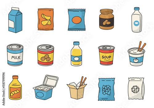 An array of fifteen distinct cartoonstyle food and beverage products