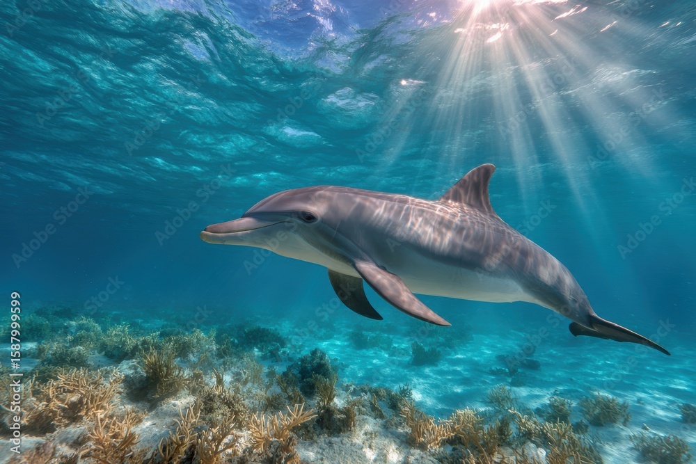 Obraz premium A dolphin swims gracefully in clear blue ocean water above a colorful coral reef, illuminated by beams of sunlight