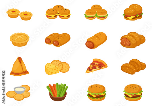 An assortment of cartoon food items arranged in a grid pattern