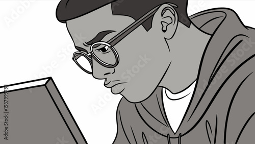 Illustration of a young man wearing glasses studying and looking at a book with a serious expression