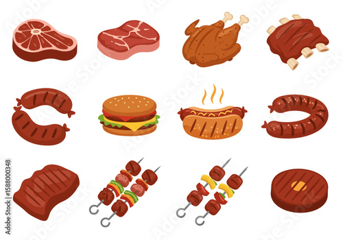 An illustration of grilled food including steak burger chicken ribs sausage and skewers