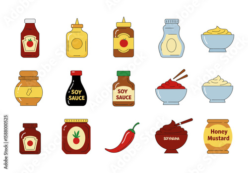 Array of 15 condiment illustrations bottles of sauces chili honey mustard  bowls of dipping items
