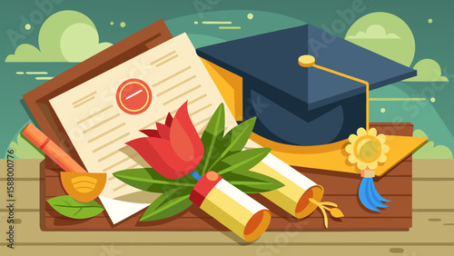 Elegant diploma on wooden table with flower a – Graduation Vector Illustration