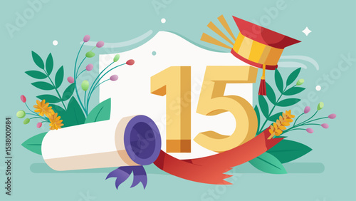Diploma tied with gold ribbon beside a bouque – Graduation Vector Illustration