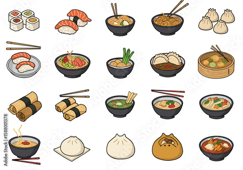 Asian food collection Sushi ramen dumplings spring rolls and soups