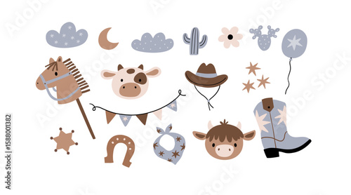 Cute Baby Cowboy accessories set. Western boots, shoes, hat, plants, animals.. American country fashion fo little kids. Flat style vector illustration. Baby Shower Cowboy decor