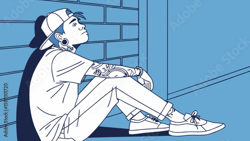 Illustration of a pensive tattooed man sitting against a wall in a thoughtful pose with a cap on his head