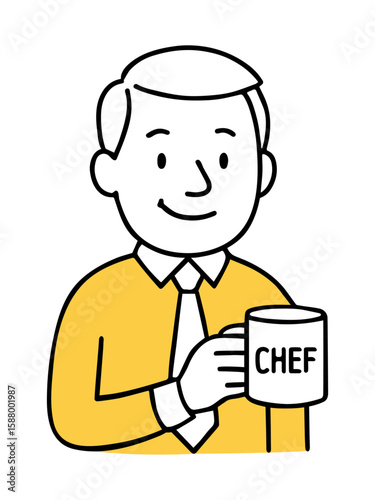 Business Man with Coffee Mug Labeled “Chef”. Smiling Man in Yellow Shirt and Tie, Friendly Expression, Office Worker. Hand-Drawn Doodle Style Line Vector Illustration