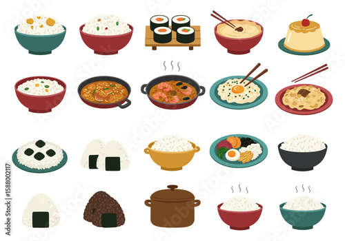 Assorted dishes including rice bowls sushi and casseroles arranged on a white background