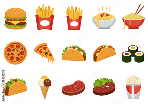 Assorted fast food burger fries pasta pizza tacos sushi ice cream steak and popcorn